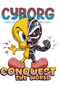 Tweety mitad amarillo cartoon clásico, mitad cyborg futurista con armadura metálica