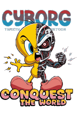 Piolín Tweety mitad amarillo cartoon clásico, mitad cyborg futurista con armadura metálica