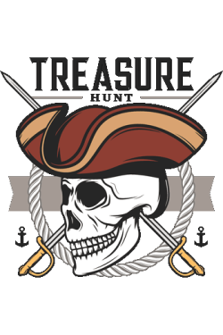 Gráfico vectorial de calavera pirata con sombrero de tres picos, espadas cruzadas y texto Treasure Hunt.