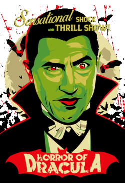 Diseño de cartel de cine clásico de Drácula con vampiro verde y murciélagos para estampado textil retro.