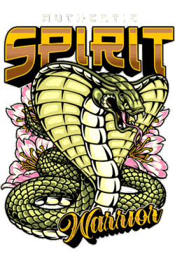 Ilustración vectorial de una serpiente cobra verde erguida frente a flores de cerezo rosadas con letras en relieve para camisetas.