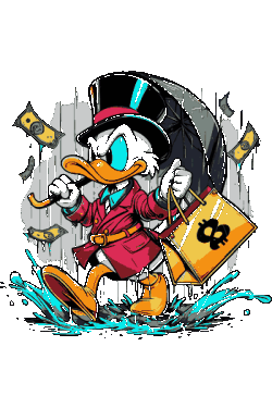 Vector de Scrooge McDuck con sombrero y paraguas, lluvia de billetes, bolsa de dinero amarilla