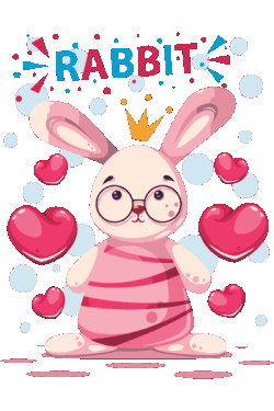 Conejo blanco con corona, gafas redondas y rodeado de corazones. Texto “RABBIT”.