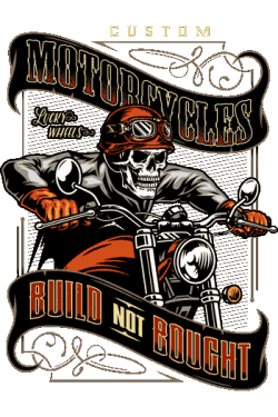 Calavera con goggles y guantes, moto custom, banner 'Build Not Bought