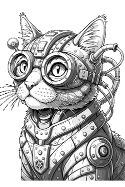 Ilustración vectorial estilo line art de un gato con antiparras y armadura cibernética futurista.
