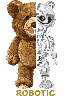 Diseño vectorial de un oso de peluche dividido a la mitad con cuerpo de robot metálico y la palabra Robotic.