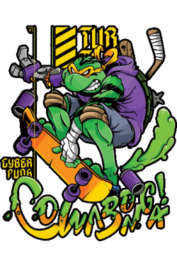 Vector de tortuga ninja estilo cyberpunk con patineta y graffiti para estampado de remeras.