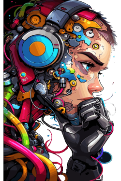 Ilustración de un personaje cyborg futurista en actitud pensante con auriculares y componentes mecánicos