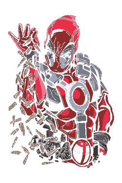Diseño vectorial de Deadpool parodiando el meme de Salt Bae, dejando caer balas en lugar de sal