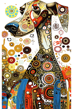 Vector dálmata perfil estilo Klimt patrones circulares orgánicos espirales paleta dorado rojo negro