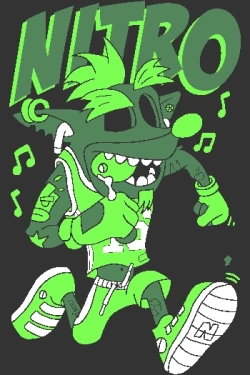Diseño vectorial de personaje verde saltando con auriculares y zapatillas, texto 'NITRO' y notas musicales