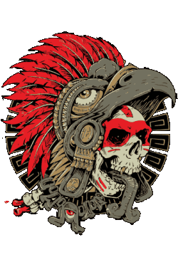 Arte vectorial de un cráneo de guerrero azteca con casco de águila y plumas rojas vibrantes