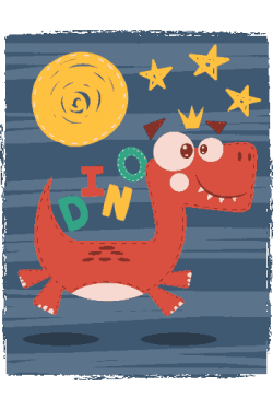 Divertido dinosaurio rojo con corona, caminando bajo un sol y estrellas.