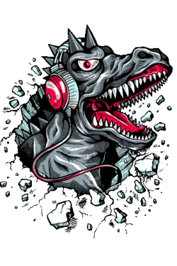 Ilustración vectorial de un dinosaurio monstruoso con auriculares rojos rompiendo una pared.