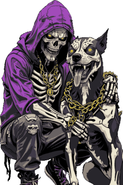  ilustración de una parca con sudadera morada y cadenas de oro junto a su fiel perro doberman esquelético