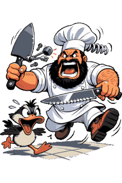 Ilustración vectorial de un chef y herramientas de corte en estilo clásico.