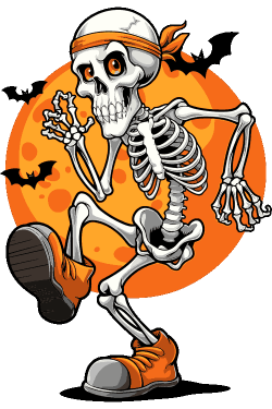 Ilustración vectorial de esqueleto alegre corriendo frente a una luna llena de Halloween con murciélagos.