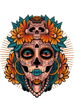 Calavera con Flores Naranjas y Rayos Diseño explosivo y lleno de energía con cabello azul