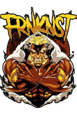 Diseño gráfico de un monstruo estilo Frankenstein musculoso con brazos cruzados y tipografía amarilla rebelde sobre fondo negro.