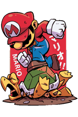 Mario saltando sobre un Koopa Troopa con fondo rojo y letras japonesas.