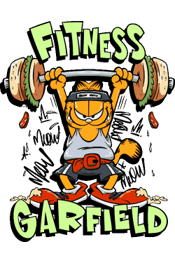 Ilustración vectorial humorística de Garfield haciendo ejercicio levantando barra de hamburguesas.