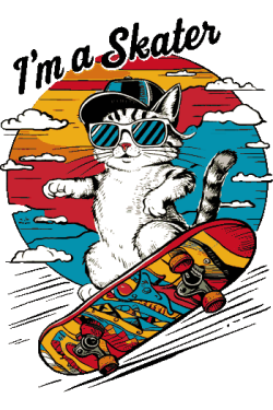 Vector de gato con gafas de sol y gorra, patinando en un skate con fondo atardecer, texto 'I'm a Skater'