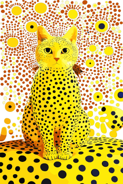 Ilustración vectorial de gato amarillo con lunares negros sobre fondo abstracto de círculos.