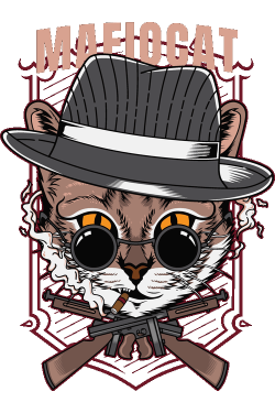 Ilustración vectorial de gato gánster MafioCat con sombrero fedora, puro y metralletas.