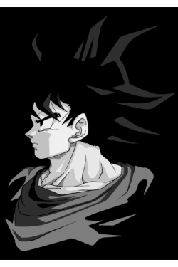 Vector de perfil de Goku con cabello puntiagudo en escala de grises, fondo negro, expresión de determinación