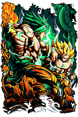 Diseño vectorial de Broly vs Goku, aura verde y dorada, fondo explosión de fuego, estilo tattoo art