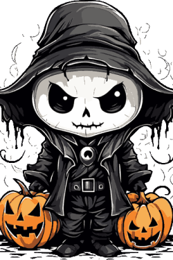 "Vector de esqueleto con sombrero de bruja y capa, sosteniendo dos calabazas, estilo chibi