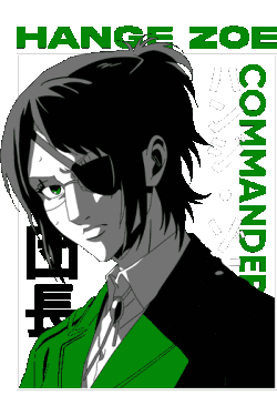 Vector de Hange Zoe con parche en ojo y sonrisa loca, abrigo verde, fondo de rayas verdes