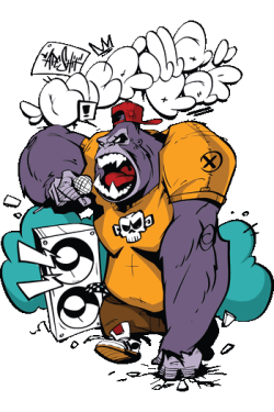 Ilustración urbana de gorila MC rapero con micrófono y grafiti para remeras streetwear.