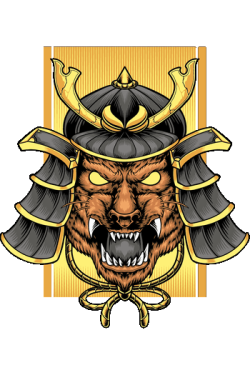Ilustración vectorial de un hombre lobo furioso usando un casco y armadura de samurai japonés con fondo dorado.
