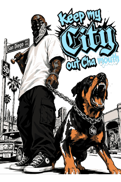 Diseños vectoriales de sujeto urbano con bate de béisbol y perro Rottweiler con la frase Keep My City Out Cha Mouth.