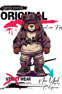 Ilustración vectorial de un oso estilo streetwear con sudadera gris, gorra y cadena de oro