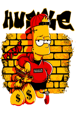 Vector parodia de Bart Simpson con ropa de calle frente a una pared de ladrillos y bolsas de dinero con el texto 'HUSTLE'.
