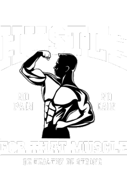 Brazo bicepsazo épico con frases clásicas 'HUSTLE', 'NO PAIN NO GAIN