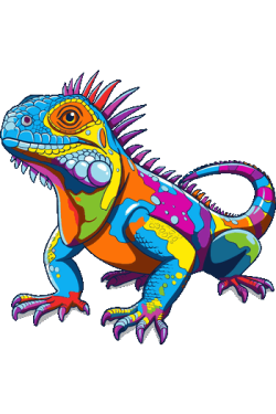 Ilustración pop art de iguana multicolor de cuerpo completo para estampado de camisetas.