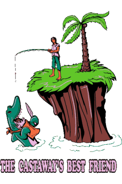 Vector de hombre pescando en isla desierta, cocodrilo muerde la caña con conejo, texto 'THE CASTAWAY'S BEST FRIEND'