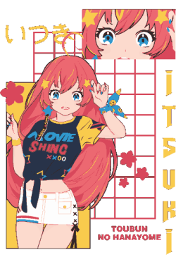 Vector Itsuki Nakano Toubun no Hanayome cabello rosa ojos azules grilla retro flores cerezo estrellas