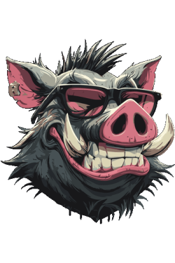 Diseño vectorial del rostro de un jabalí salvaje sonriendo con gafas de sol oscuras.