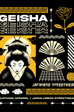 Vector de una geisha japonesa con patrones tradicionales de olas y tipografía moderna en tonos amarillo y negro.