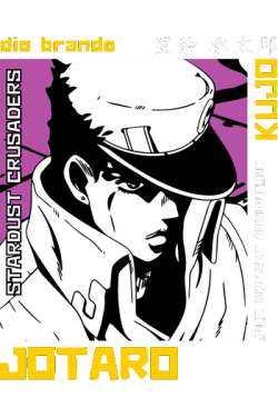 Diseño vectorial de Jotaro Kujo con sombrero, fondo blanco y negro con acentos amarillos, texto 'STARDUST CRUSADERS'