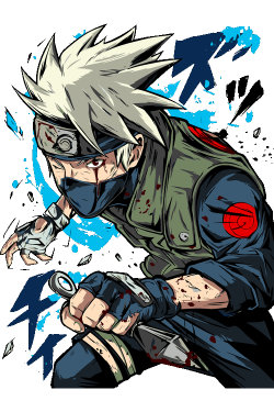 Ilustración vectorial de Kakashi Hatake en posición de combate con kunai y efectos azules.
