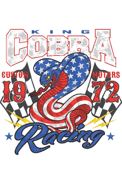 Ilustración vectorial retro de cobra americana con banderas a cuadros estilo King Cobra Racing.