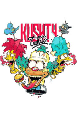 Diseño gráfico vectorial psicodélico con personajes de caricatura amarillos deformados, humo y píldoras estilo bootleg urbano.