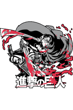 Vector de Levi Ackerman atacando con espadas y salpicaduras de sangre roja junto a kanjis de Shingeki no Kyojin.
