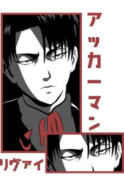 Vector de Levi Ackerman estilo póster manga japonés en color rojo para playeras de anime.