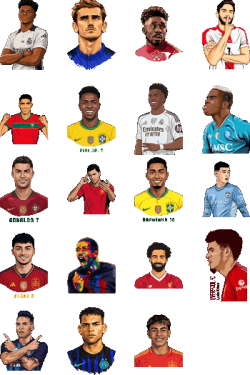 Pack de ilustraciones vectoriales de Cristiano Ronaldo, Vinícius Jr, Pedri y Salah con fondo transparente.